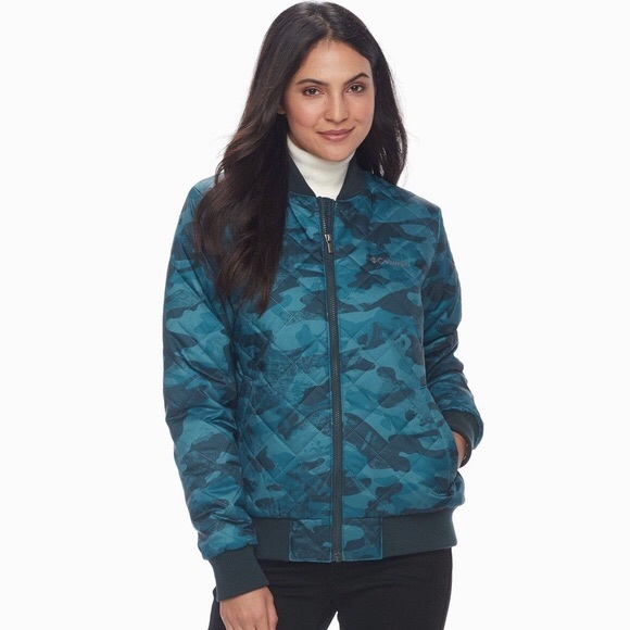 NWT! Women’s COLUMBIA Puffer Bomber Jacket Lightweight  UNIQUE Blue Camo - Picture 2 of 7